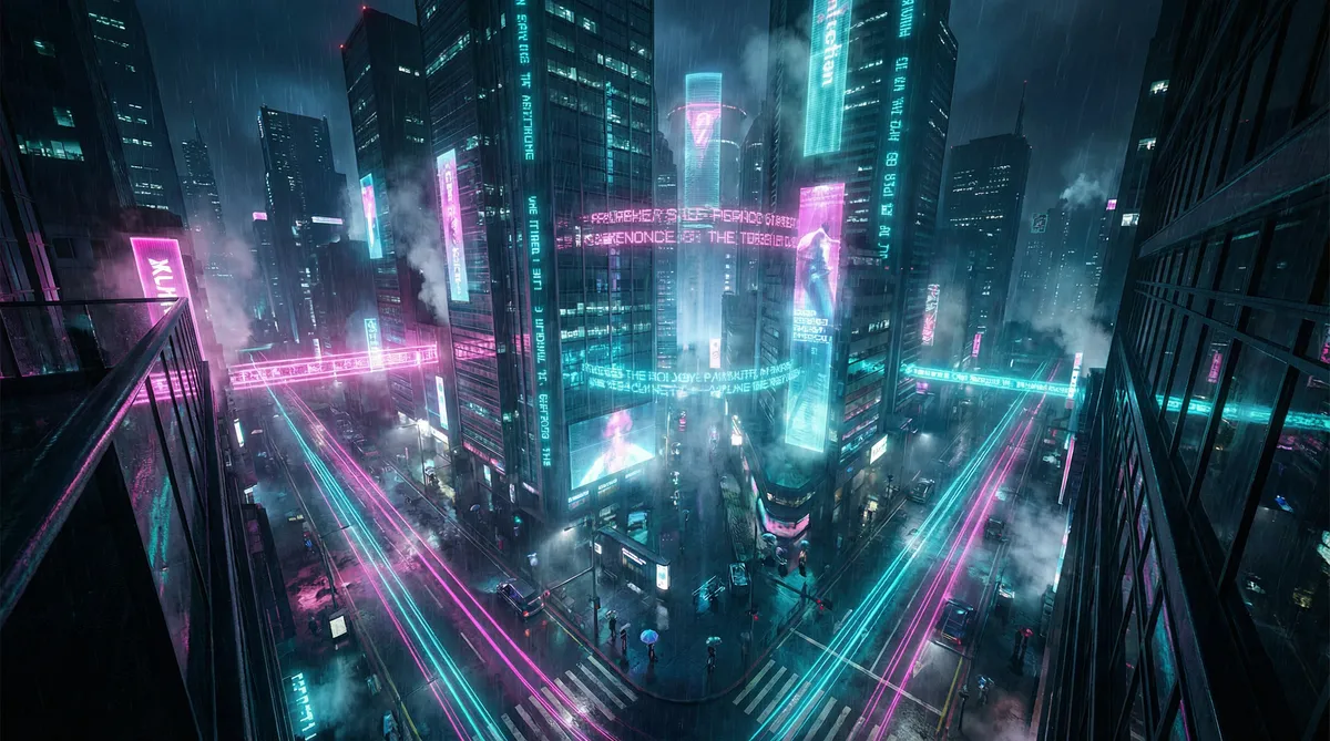 中文字幕亚洲码 在线观看 竖屏短剧平台首页背景 - 赛博朋克都市夜景